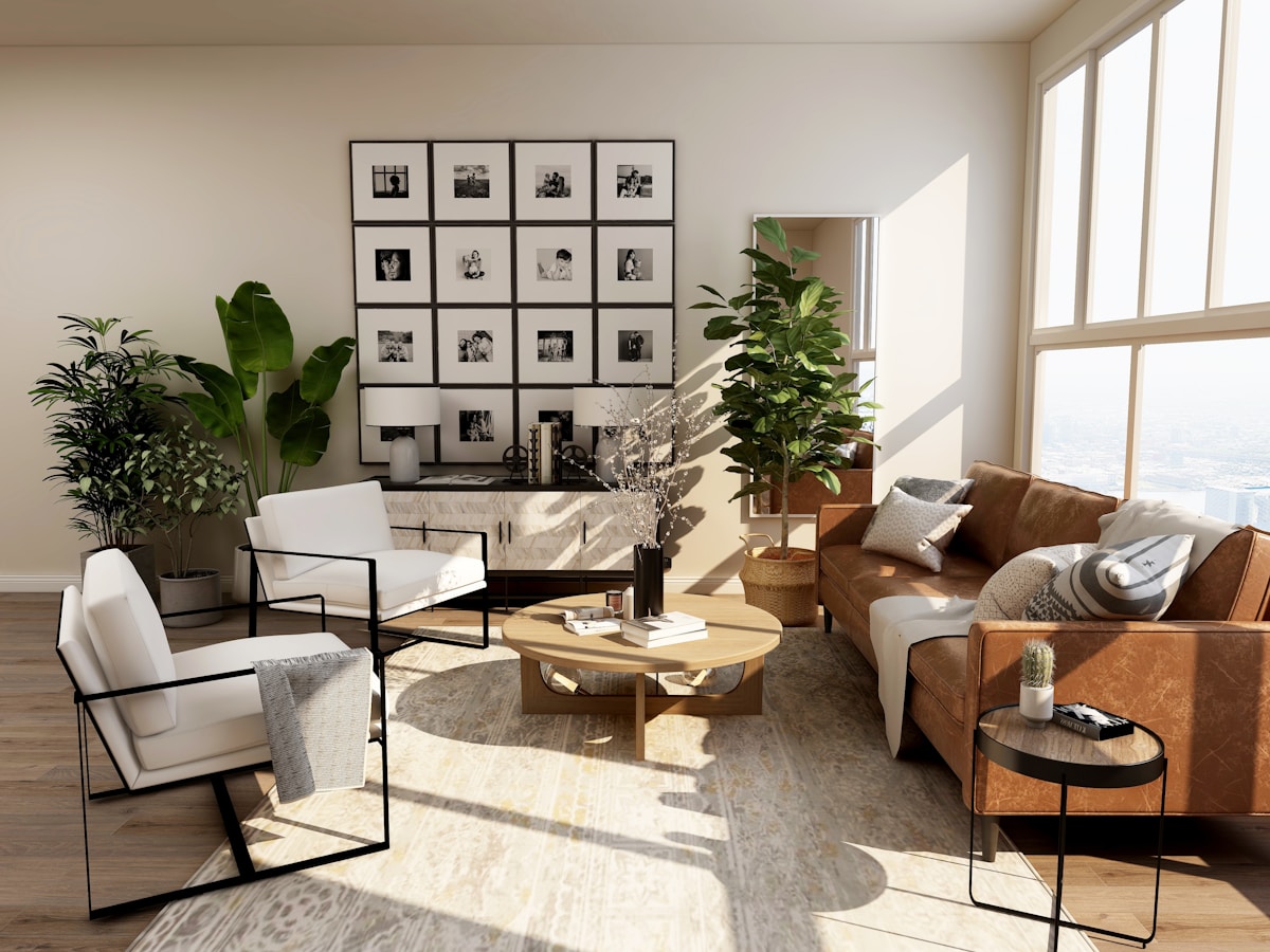 Luxury living room with curated designer furniture and natural lighting